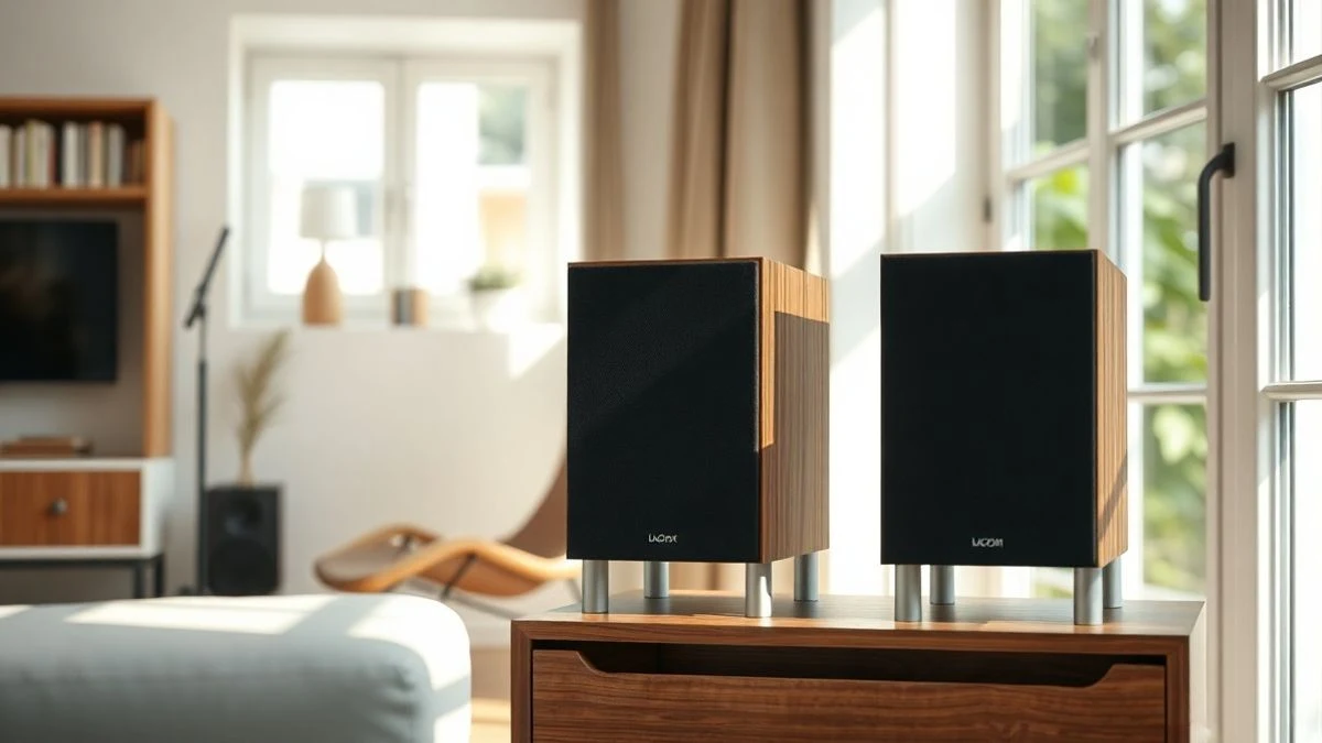Un par de altavoces de estantería de color oscuro sobre soportes de madera en un salón moderno y luminoso.