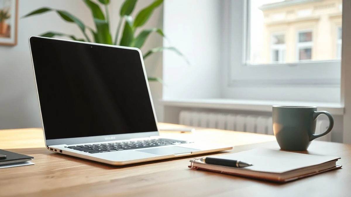 Portátil moderno apagado sobre una mesa de madera con un cuaderno, un bolígrafo y una taza de café, en una oficina luminosa con una planta al fondo.