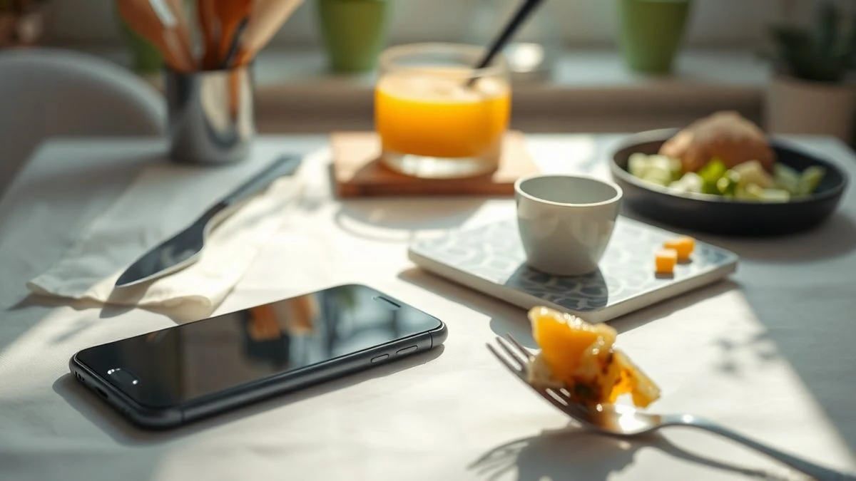 Un teléfono móvil apagado sobre una mesa de cocina con platos y cubiertos, iluminado por luz natural.
