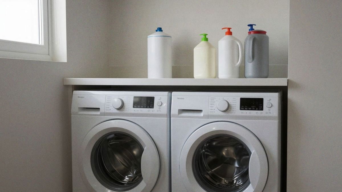 Un moderno cuarto de lavado con una lavasecadora compacta y suministros organizados en un diseño minimalista.