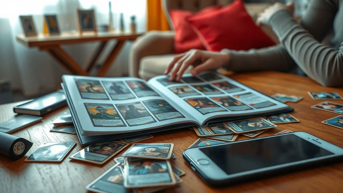 Manos abriendo un álbum de cromos sobre una mesa con cromos dispersos y un teléfono móvil apagado al fondo.
