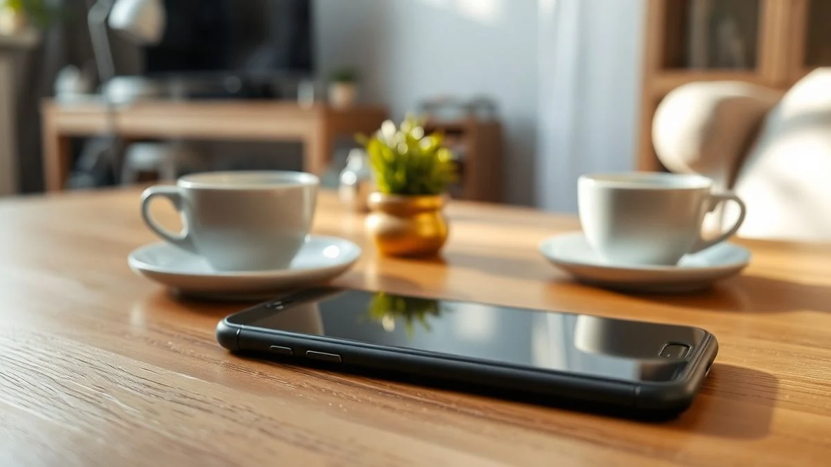 Primer plano de un teléfono inteligente apagado sobre una mesa de madera, con una taza de café y una planta de fondo.
