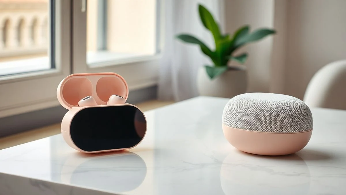A petal pink wireless speaker and open earbuds case on a white marble table by a window, with soft daylight and a blurred plant in the background.