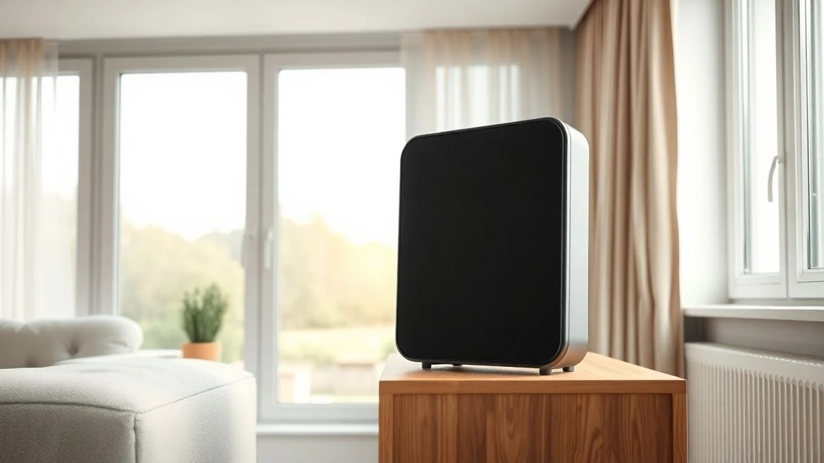 Un altavoz inalámbrico moderno apagado sobre una mesa de madera en un salón luminoso y minimalista.