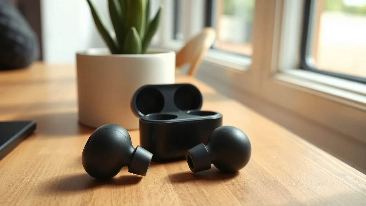 Primer plano de unos auriculares inalámbricos negros sobre una mesa de madera junto a una planta de interior.