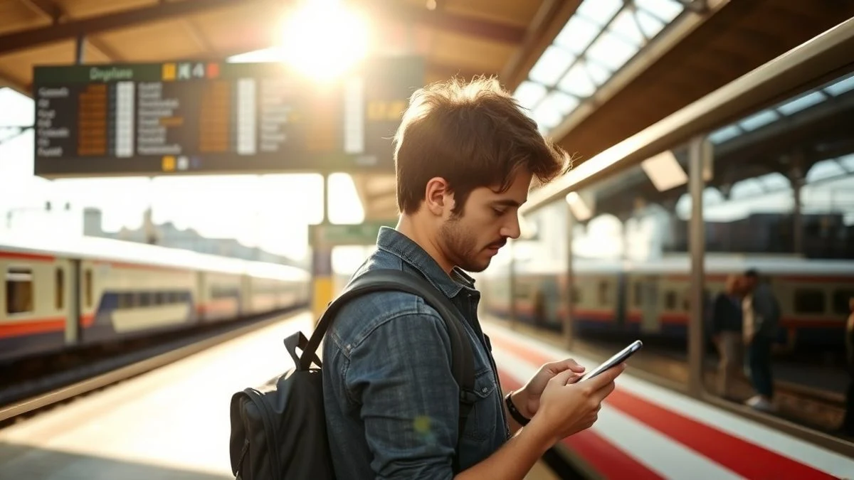 Una persona joven con mochila de pie en un andén de estación de tren europea, mirando un panel de salidas borroso, con un teléfono apagado en la mano y un tren al fondo.