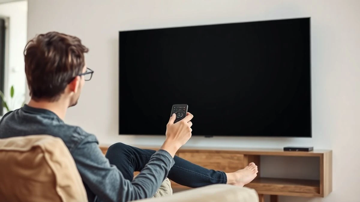Persona sentada en el sofá usando un mando a distancia frente a un televisor apagado en un salón moderno.