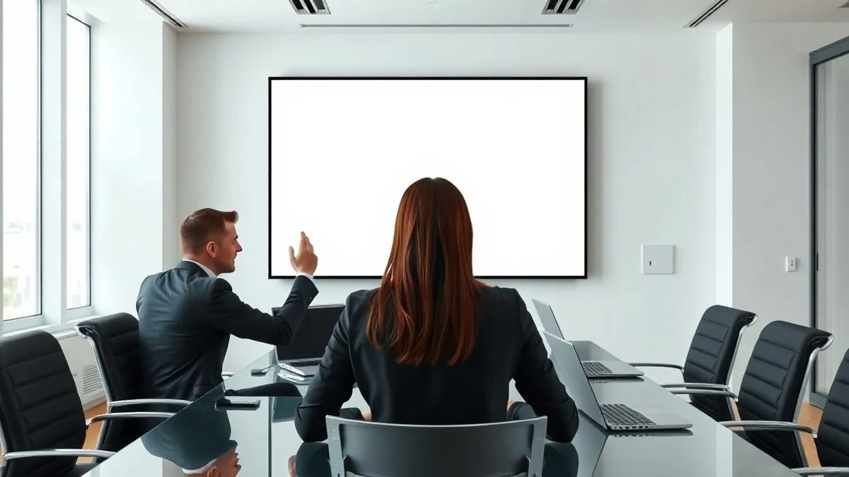 Dos personas de espaldas en una sala de reuniones moderna, una señala una pantalla en blanco apagada.
