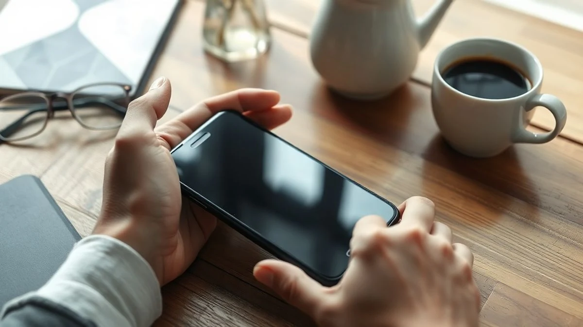 Manos sujetando un teléfono móvil apagado sobre una mesa de madera, con gafas y una taza de café cerca.