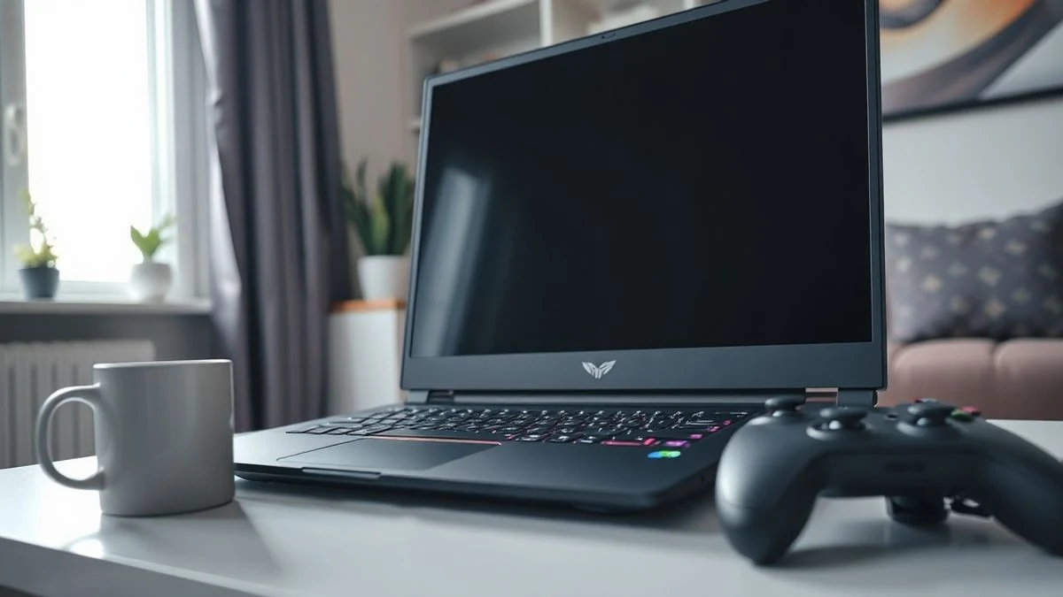 Primer plano de un portátil gaming de gama alta apagado sobre una mesa, con luz natural de una ventana y un mando de juego cerca.