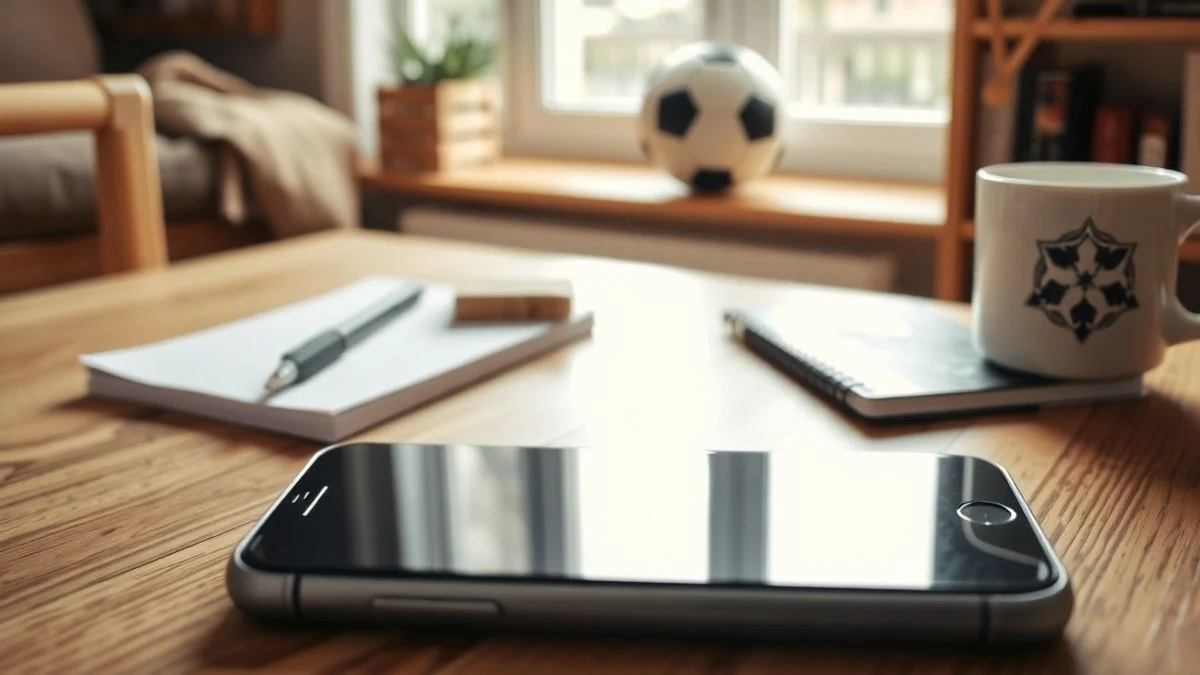 Un smartphone apagado sobre una mesa de madera, con una libreta y una taza de café, y un balón de fútbol desenfocado al fondo.