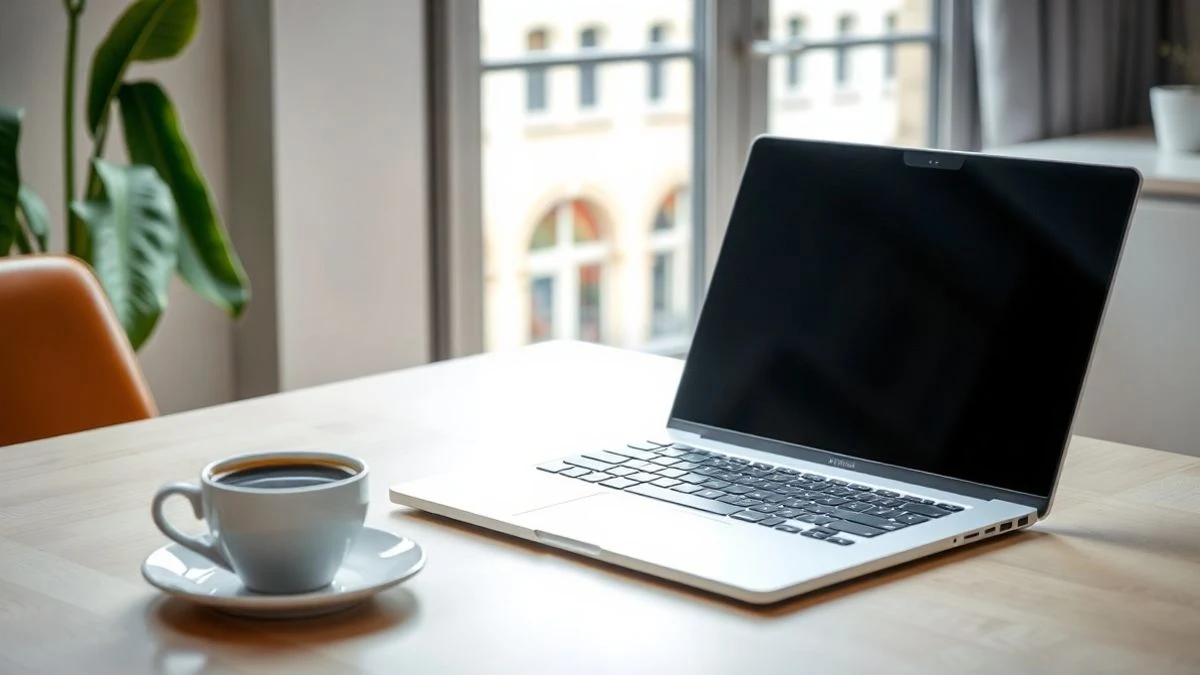 Un portátil ultraligero apagado sobre un escritorio minimalista junto a una taza de café, con luz natural de una ventana.
