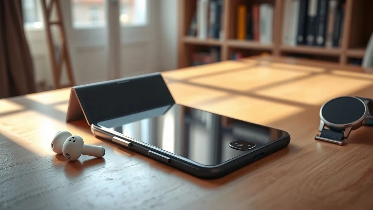 Un smartphone plegable apagado sobre una mesa de madera junto a unos auriculares y un reloj inteligente, en un salón luminoso.