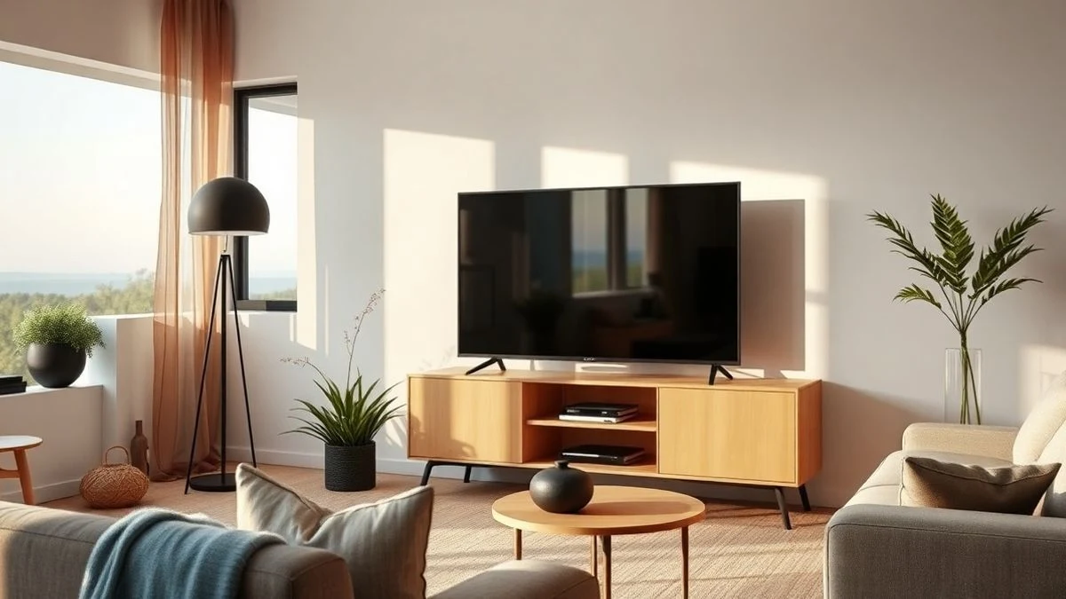 Salón moderno con un televisor sin marco apagado sobre un mueble minimalista, reflejando la luz natural.