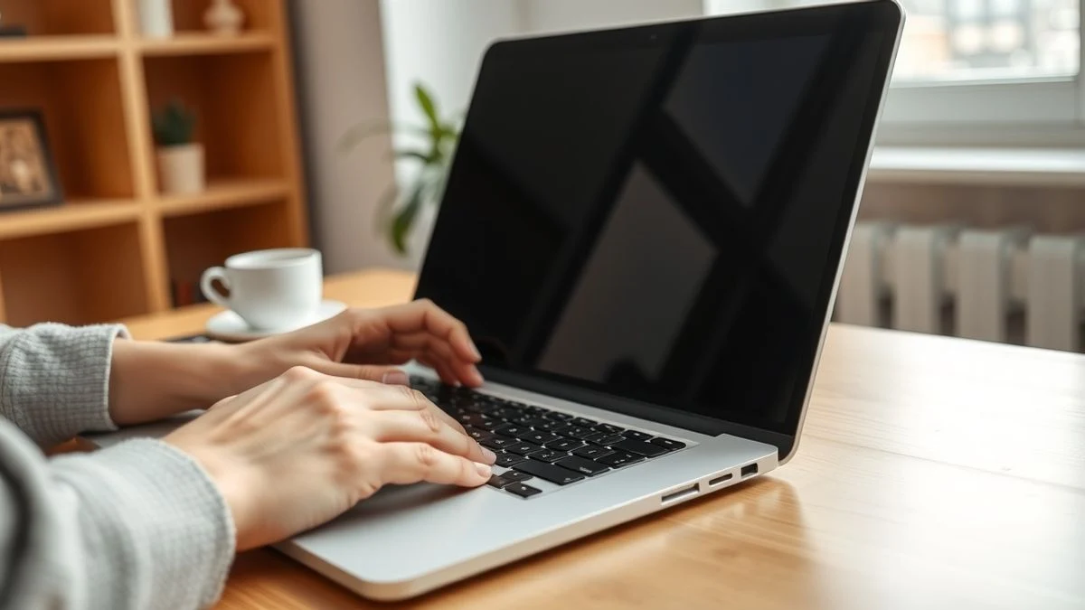 Manos escribiendo en un portátil moderno con la pantalla apagada, junto a un cuaderno y una taza de café en un escritorio de madera.