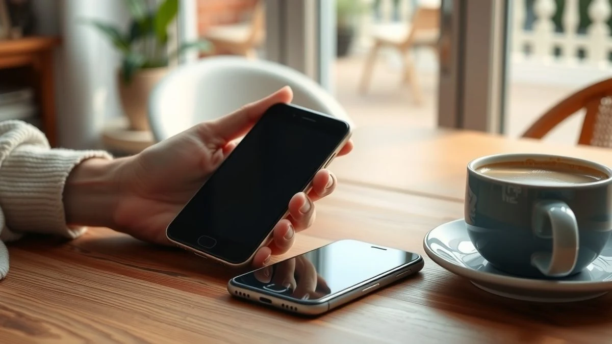 Manos sosteniendo un smartphone apagado sobre una mesa de madera junto a una taza de café, con luz natural de ventana.