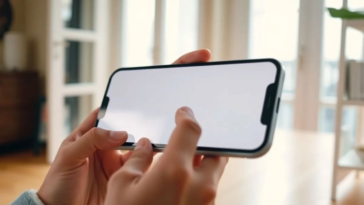 Primer plano de manos sosteniendo un teléfono inteligente apagado, reflejando la luz de la ventana en un interior luminoso.