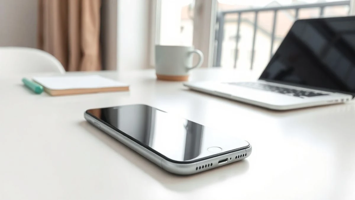 Un teléfono inteligente apagado sobre un escritorio minimalista en una oficina luminosa, con un portátil y una taza de café al fondo.