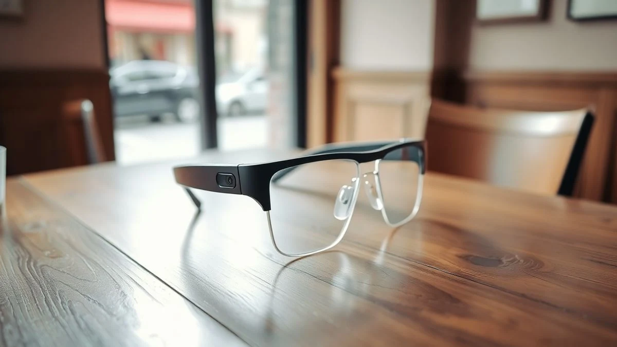 Gafas inteligentes apagadas sobre una mesa de madera en un café luminoso, con la cámara del marco visible.