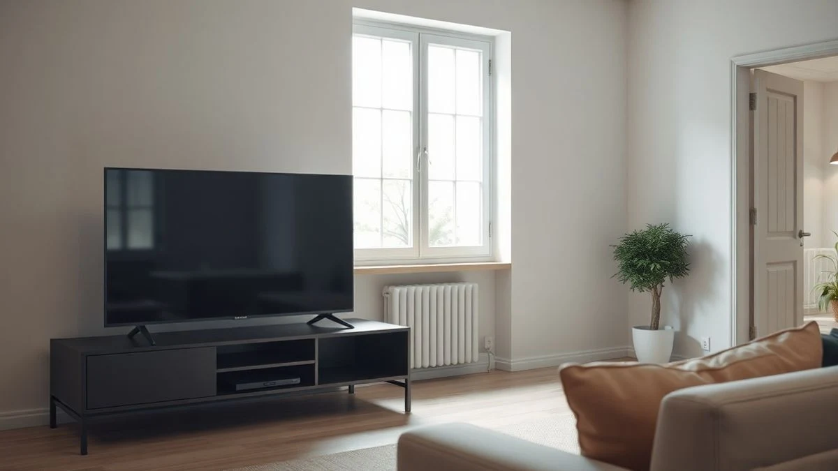 Televisor de pantalla plana apagado en un salón moderno y luminoso, con sofá y planta.