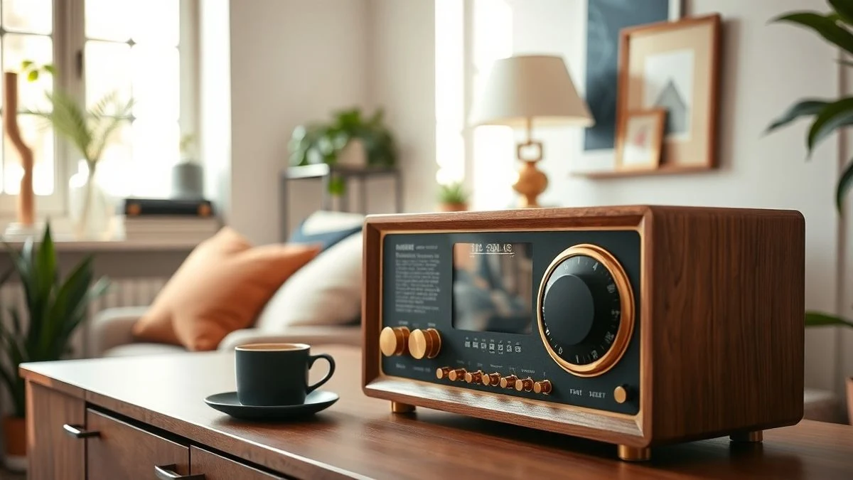 Radio de mesa de estilo retro con madera y dial analógico en un salón luminoso.
