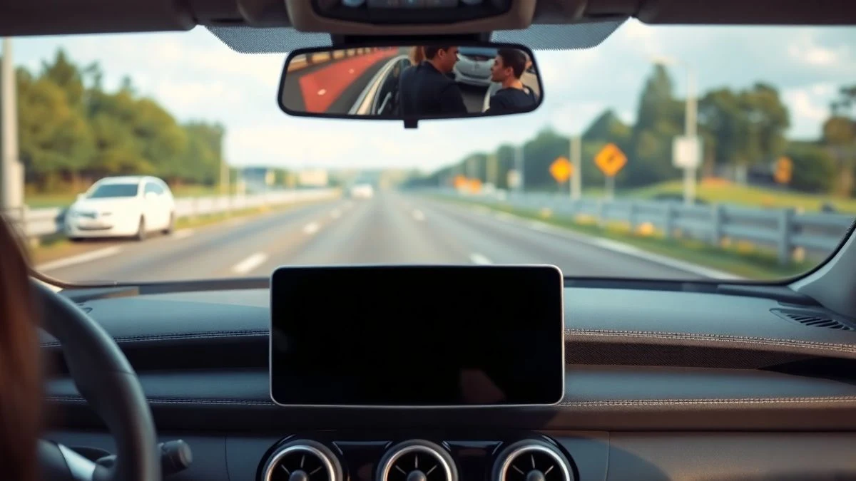 Primer plano del salpicadero de un coche moderno con la pantalla apagada, reflejando la luz de una carretera europea.