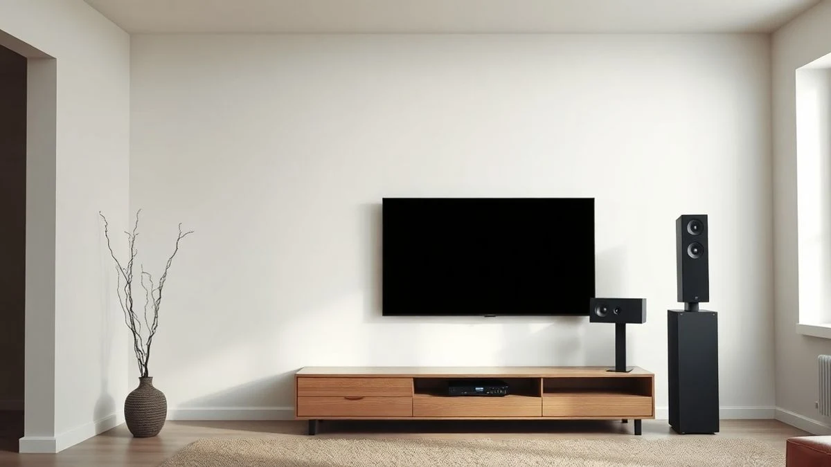 Salón europeo con altavoces de pie y módulos de altura sobre ellos, junto a un televisor con la pantalla apagada.