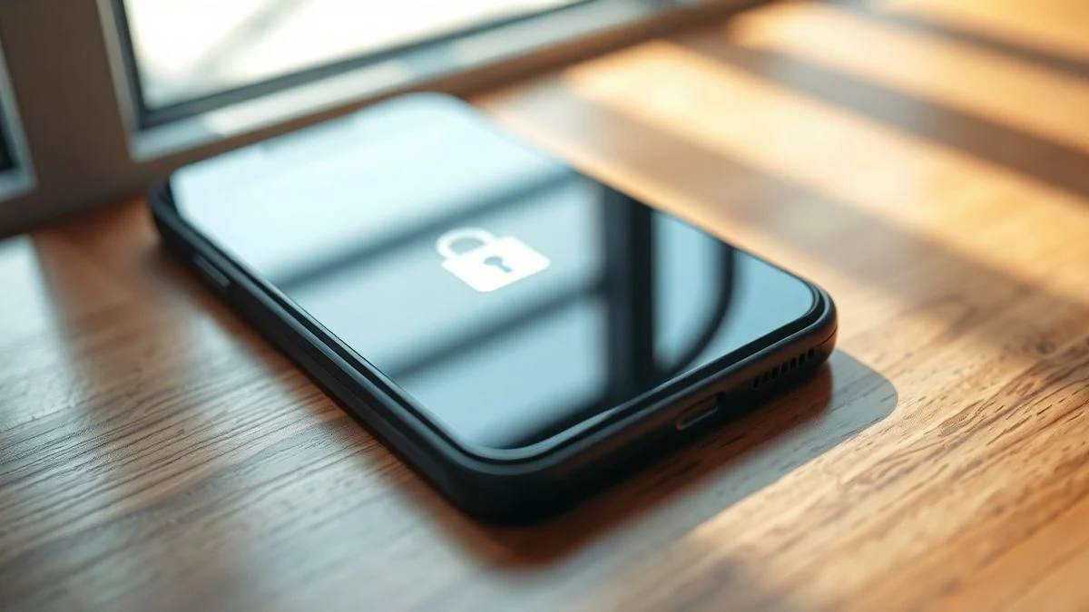 Primer plano de un smartphone apagado sobre una mesa de madera, con un pequeño candado grabado en la parte trasera y luz natural de ventana reflejándose en la pantalla.
