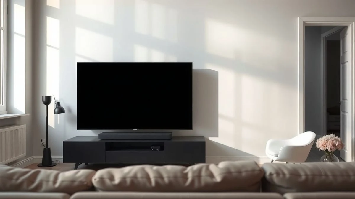 Un salón moderno con un televisor apagado y una barra de sonido minimalista sobre un mueble de madera, iluminado por luz natural.