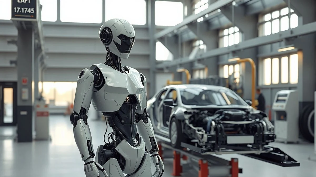Un robot humanoide de aspecto industrial junto a una línea de ensamblaje de automóviles en una fábrica moderna.