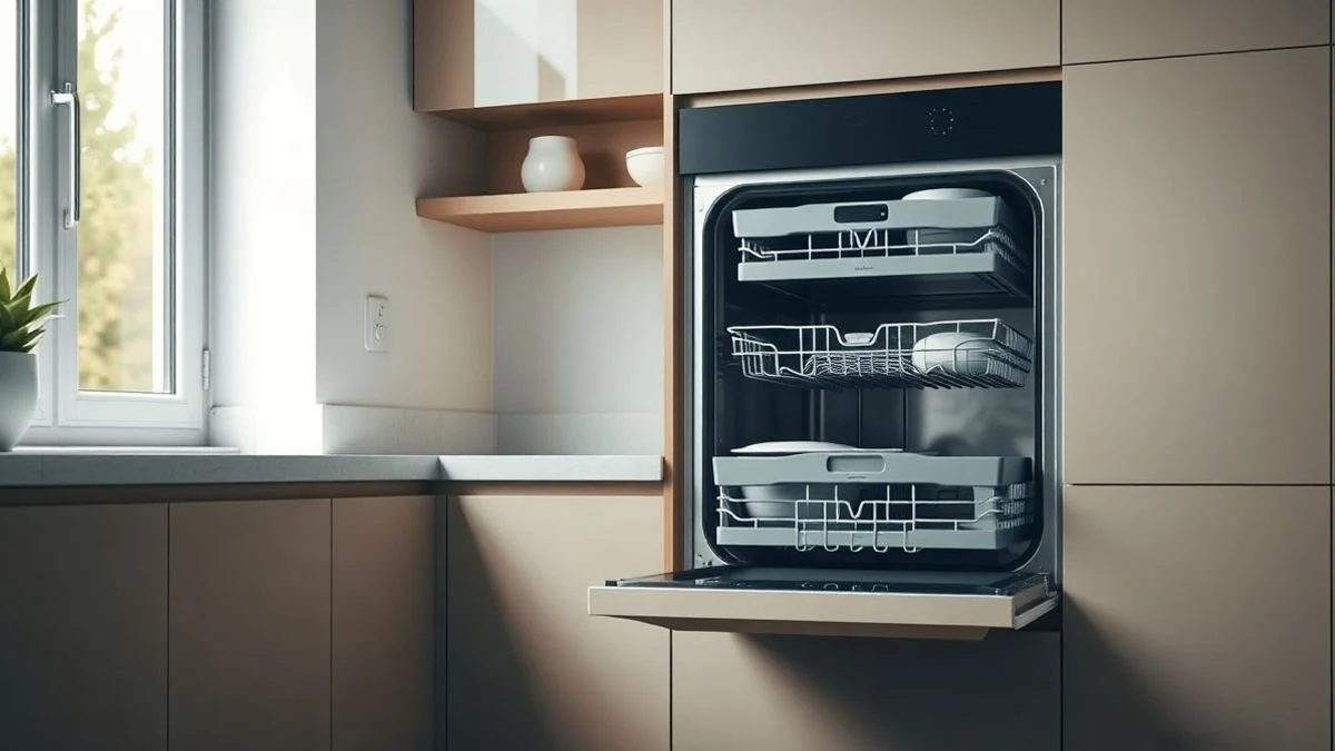 Cocina moderna con un lavavajillas empotrado de acero inoxidable mate, con la puerta entreabierta y los cestos vacíos a la luz natural.