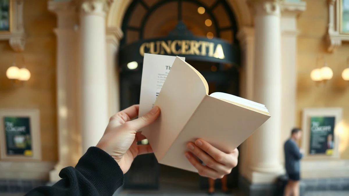 Manos de una persona joven sosteniendo una entrada de concierto y un libro, con un fondo desenfocado de un teatro o museo.