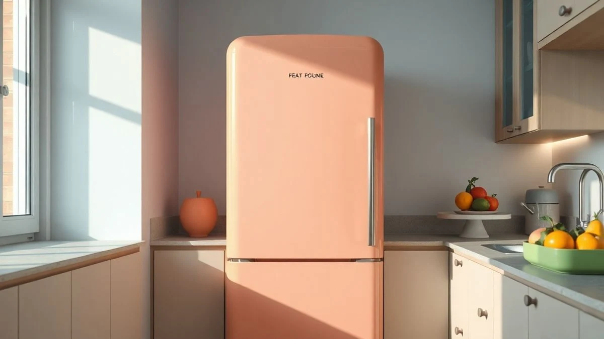 Cocina moderna con un frigorífico de color pastel, sin marcas ni texto, con luz natural.