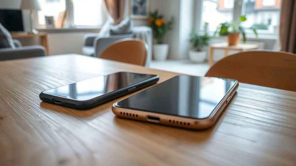 Dos smartphones modernos sin marca sobre una mesa de madera, con las pantallas apagadas reflejando la luz natural de una ventana.