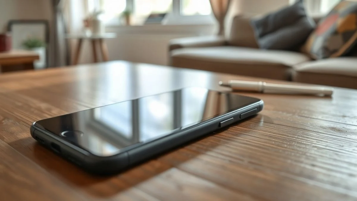 Un teléfono móvil apagado sobre una mesa de madera junto a un cuaderno y un bolígrafo, con luz natural de ventana.