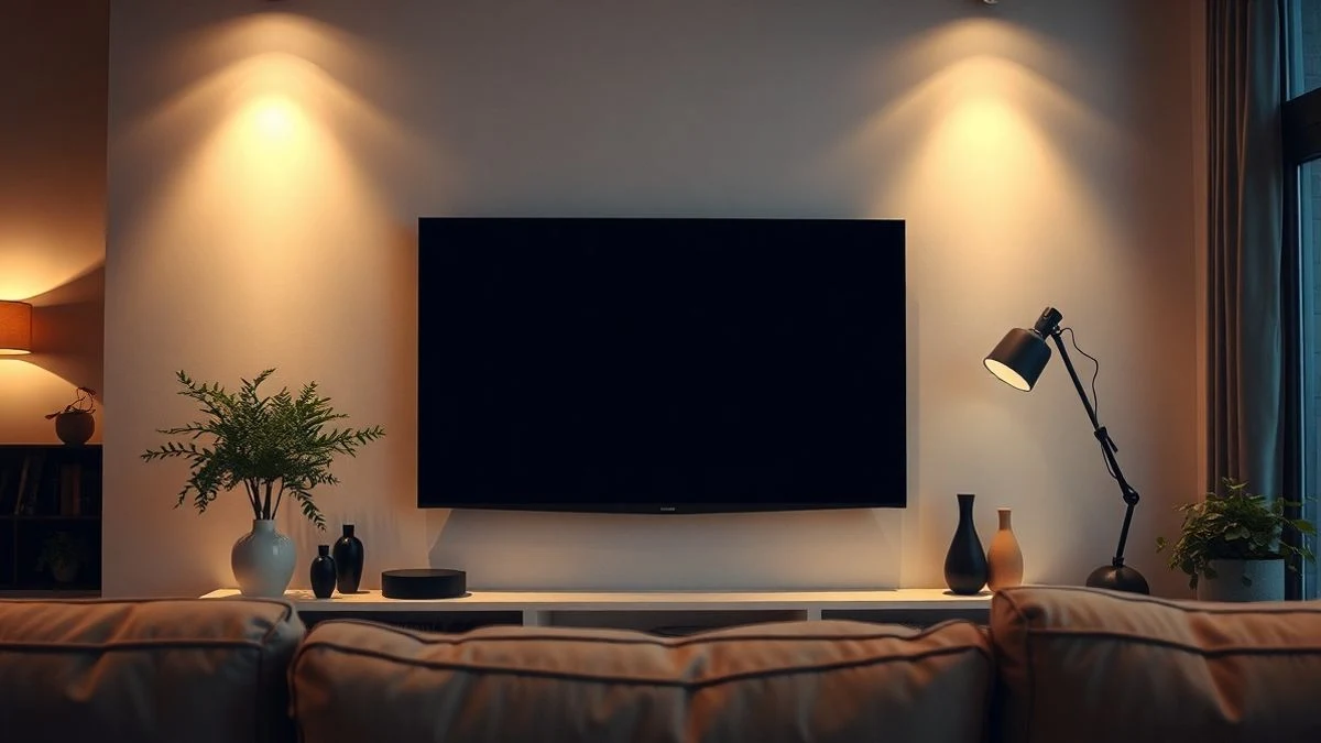 Un salón moderno con un televisor de pantalla plana apagado en la pared, reflejando la luz ambiental, con un sofá en primer plano.