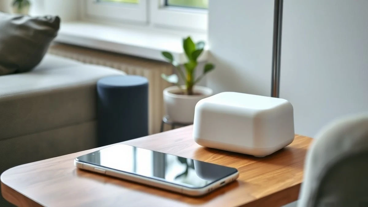 Un rincón de salón moderno con un dispositivo de domótica blanco y un teléfono móvil boca abajo sobre una mesa auxiliar de madera.