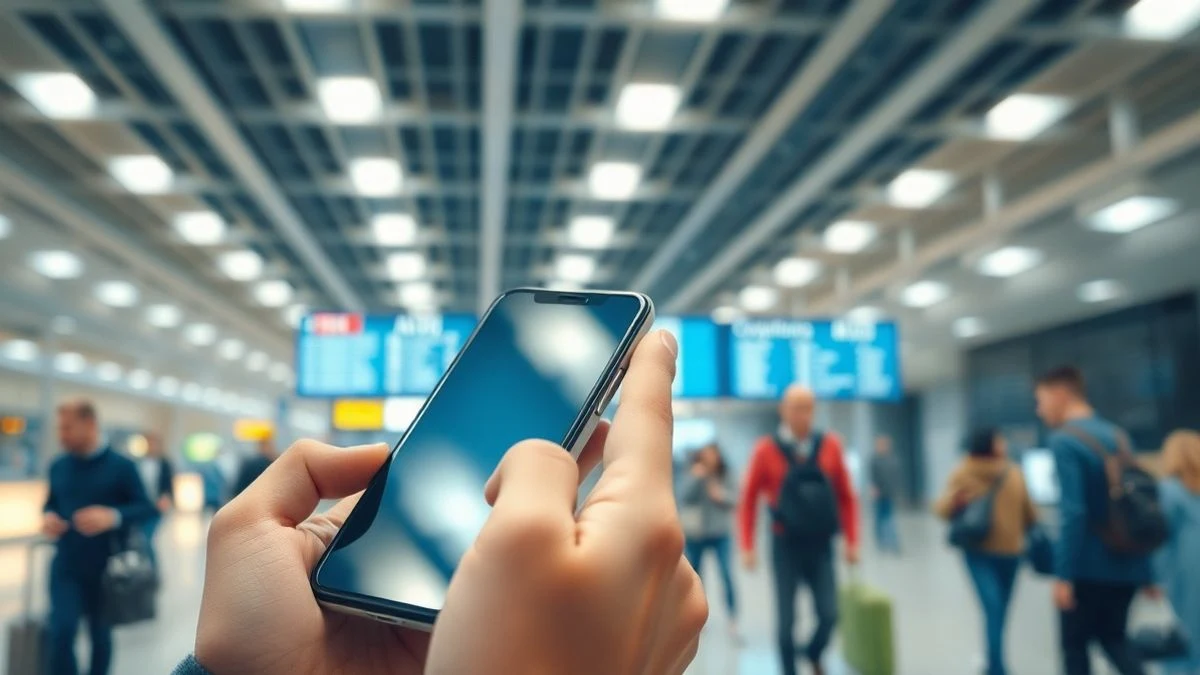 Primer plano de unas manos sosteniendo un teléfono móvil apagado en un aeropuerto, con luces brillantes reflejándose en la pantalla.