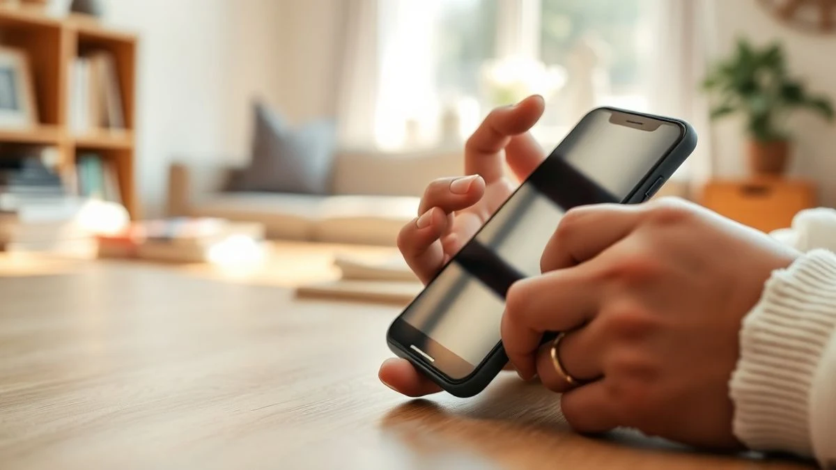 Primer plano de unas manos sosteniendo un smartphone apagado sobre una mesa de madera, con luz natural y fondo desenfocado.