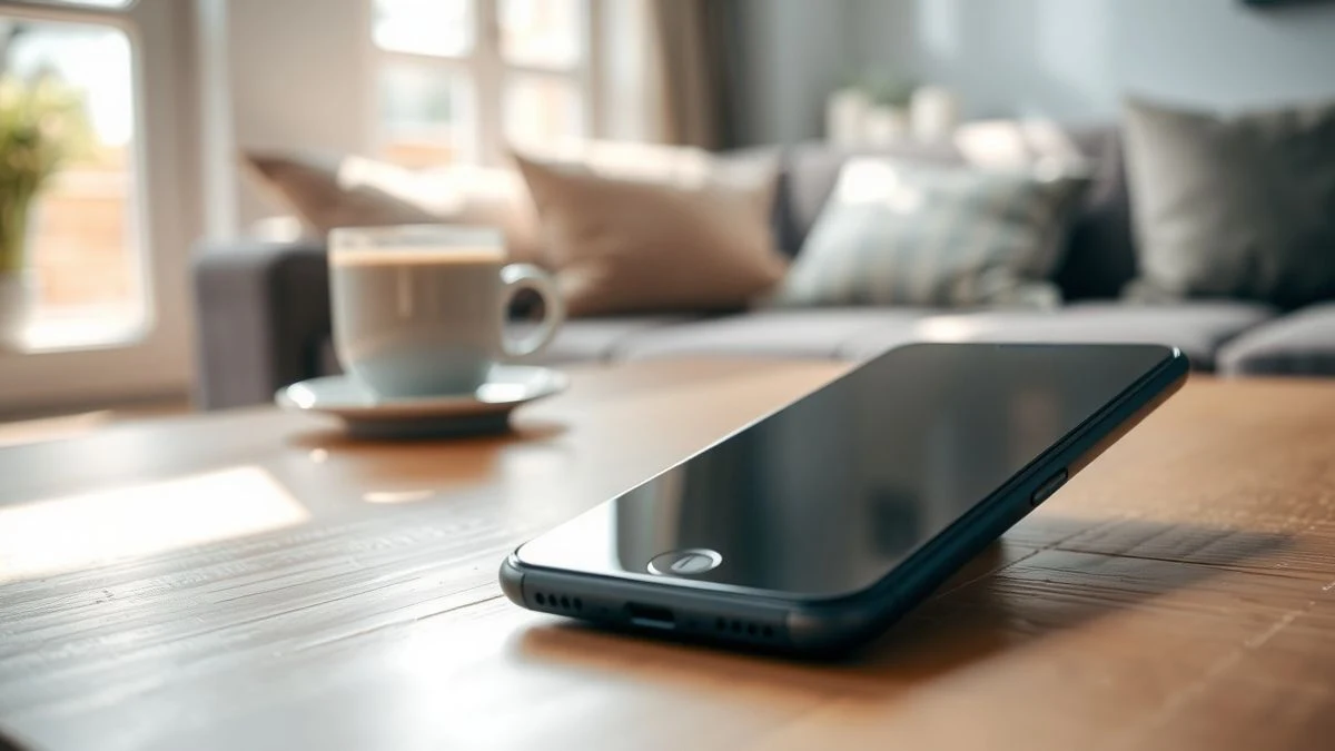 Un teléfono móvil apagado sobre una mesa de madera en un salón luminoso, con una taza de café desenfocada al fondo.