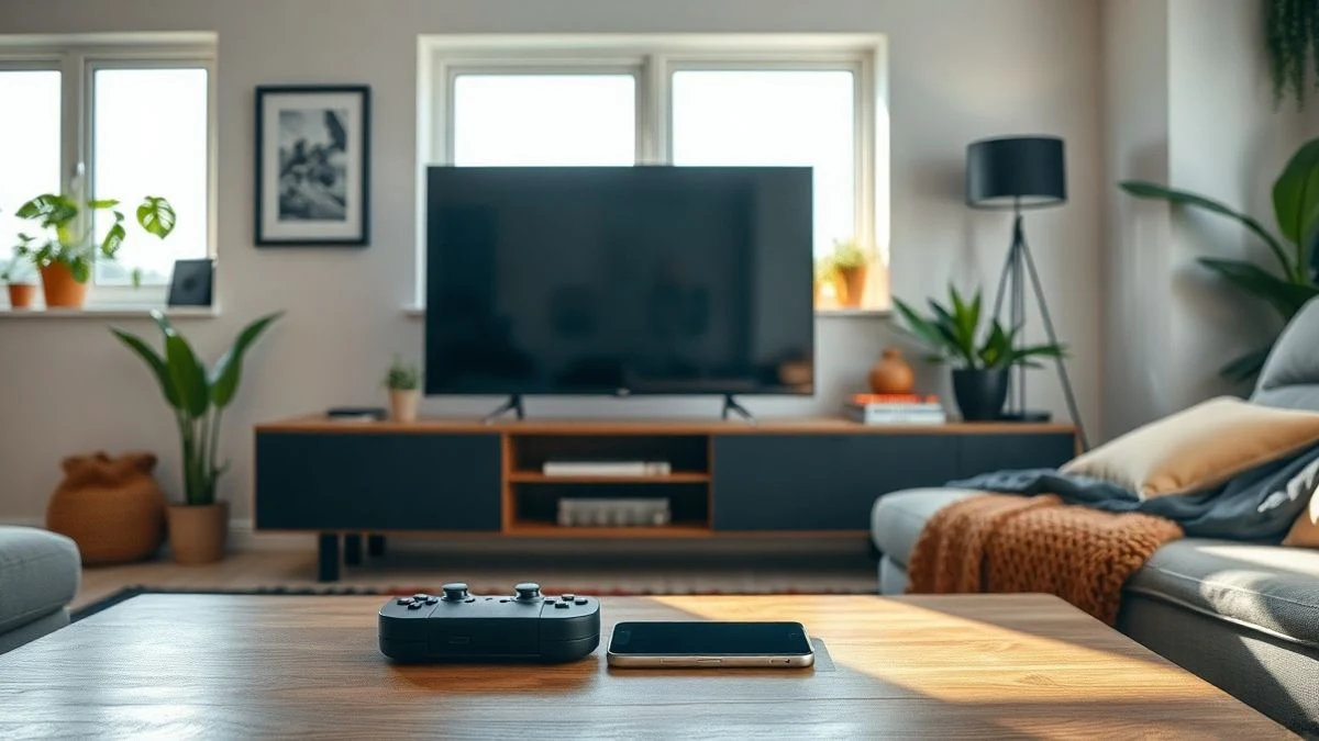 Salón moderno con un televisor apagado, un sofá, y un mando de videojuegos sobre la mesa de centro.