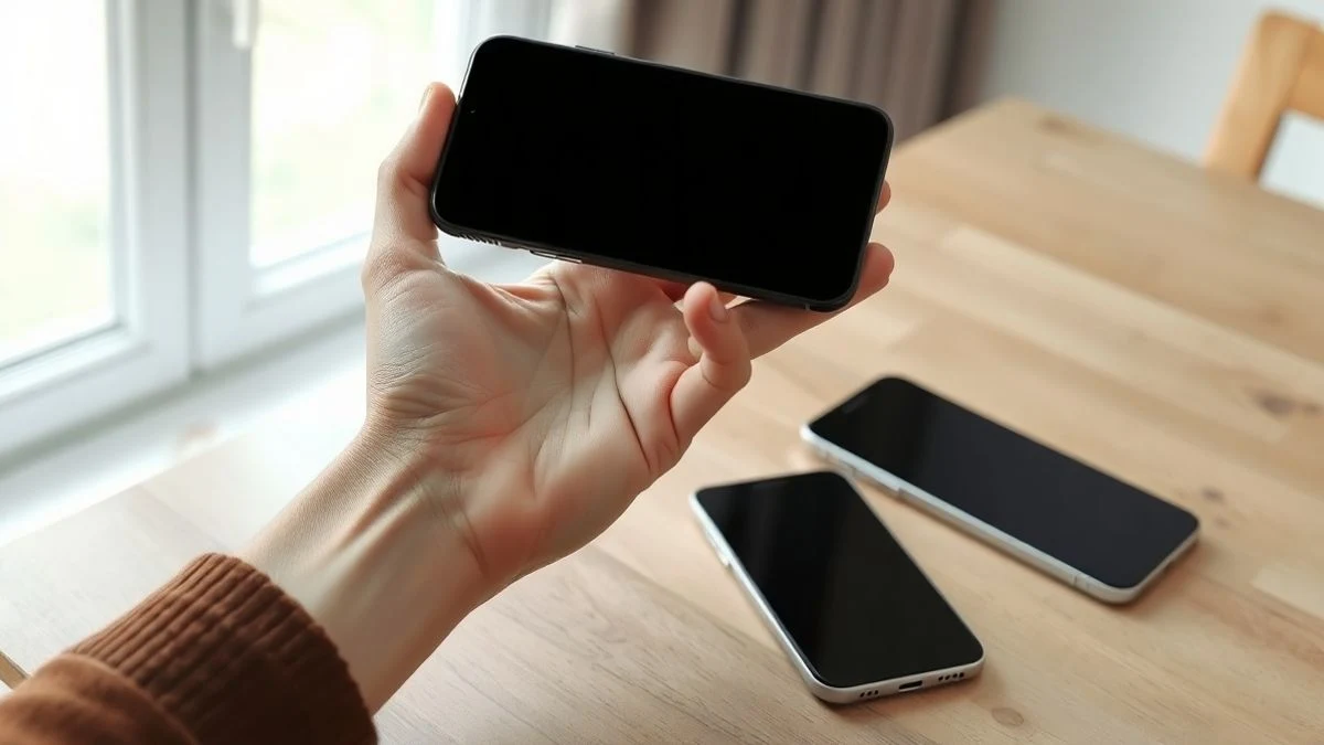 Una mano sostiene un smartphone apagado junto a otro teléfono sobre una mesa de madera, con luz natural de una ventana.