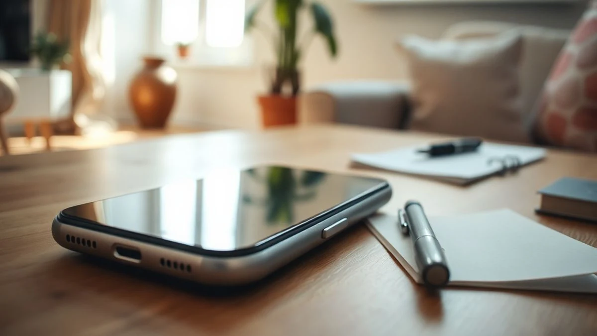 Primer plano de un teléfono inteligente apagado sobre una mesa de madera, con un cuaderno y un bolígrafo al lado, en un salón luminoso.