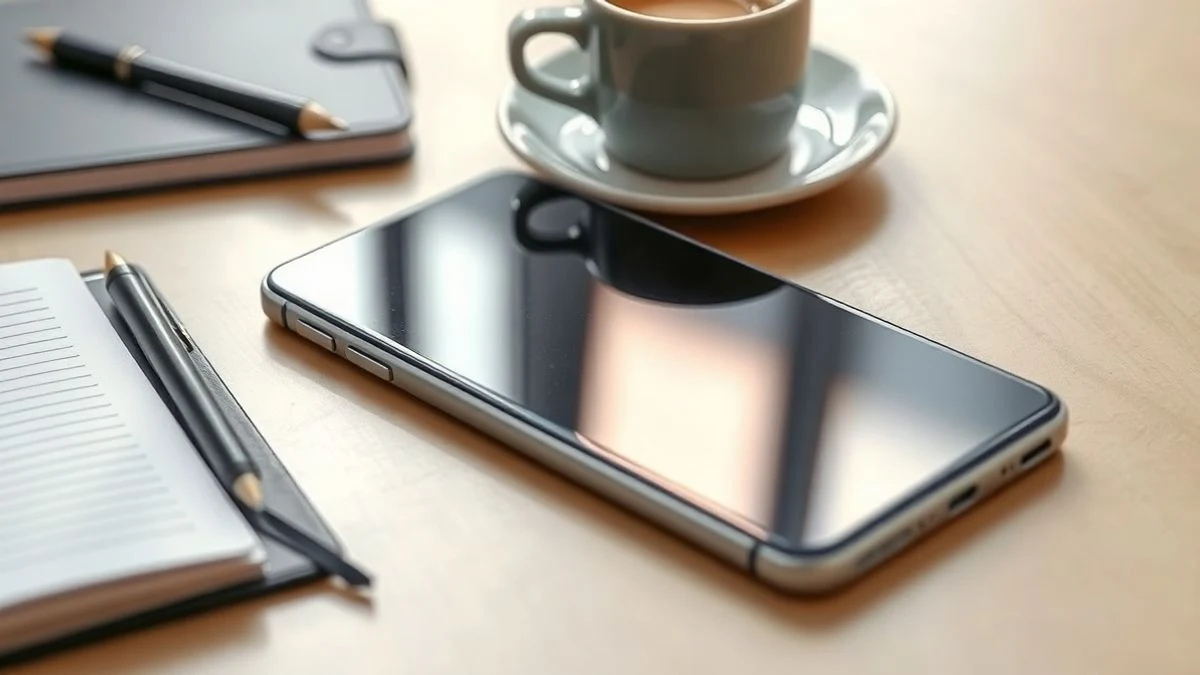 Primer plano de un smartphone plegable moderno apagado sobre una mesa de madera clara, junto a una taza de café y un cuaderno.