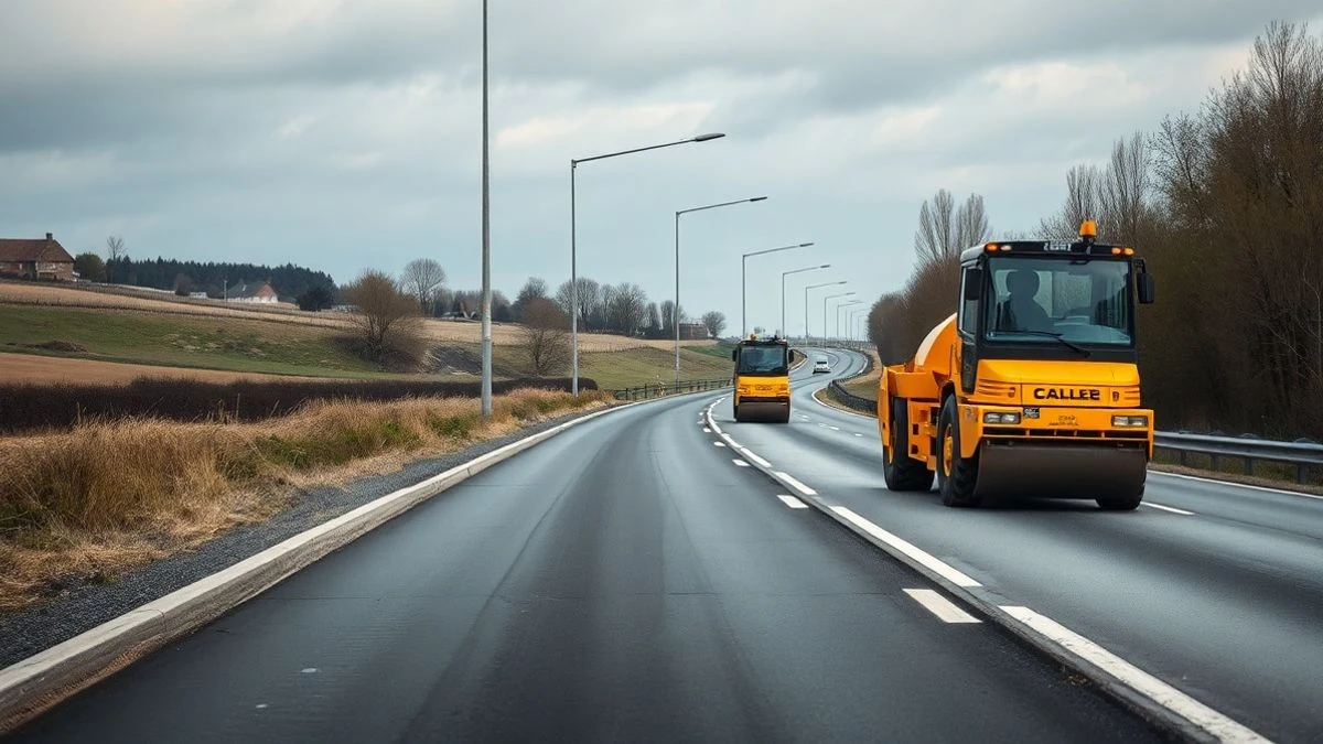 Vista lejana de una obra de carretera con maquinaria autónoma trabajando en un entorno rural europeo.