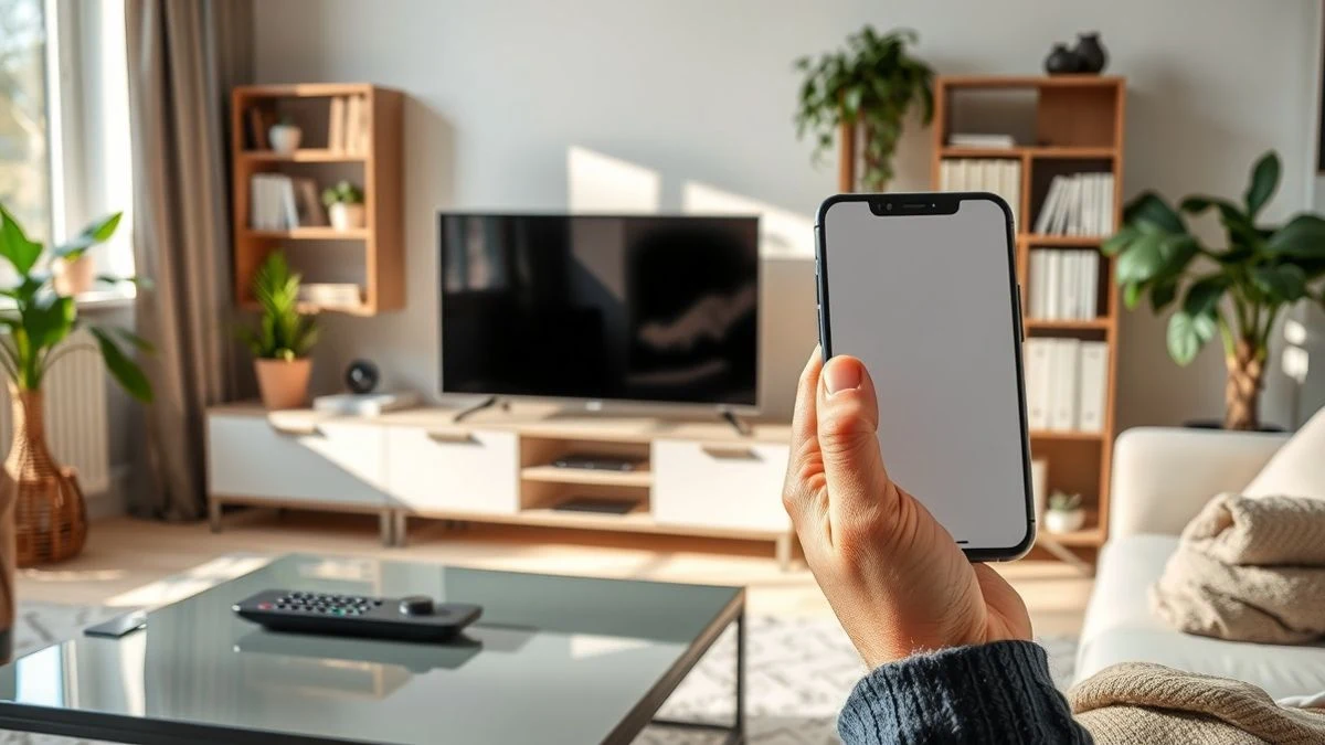 Una mano sostiene un teléfono móvil apagado frente a un televisor apagado en un salón luminoso y moderno.