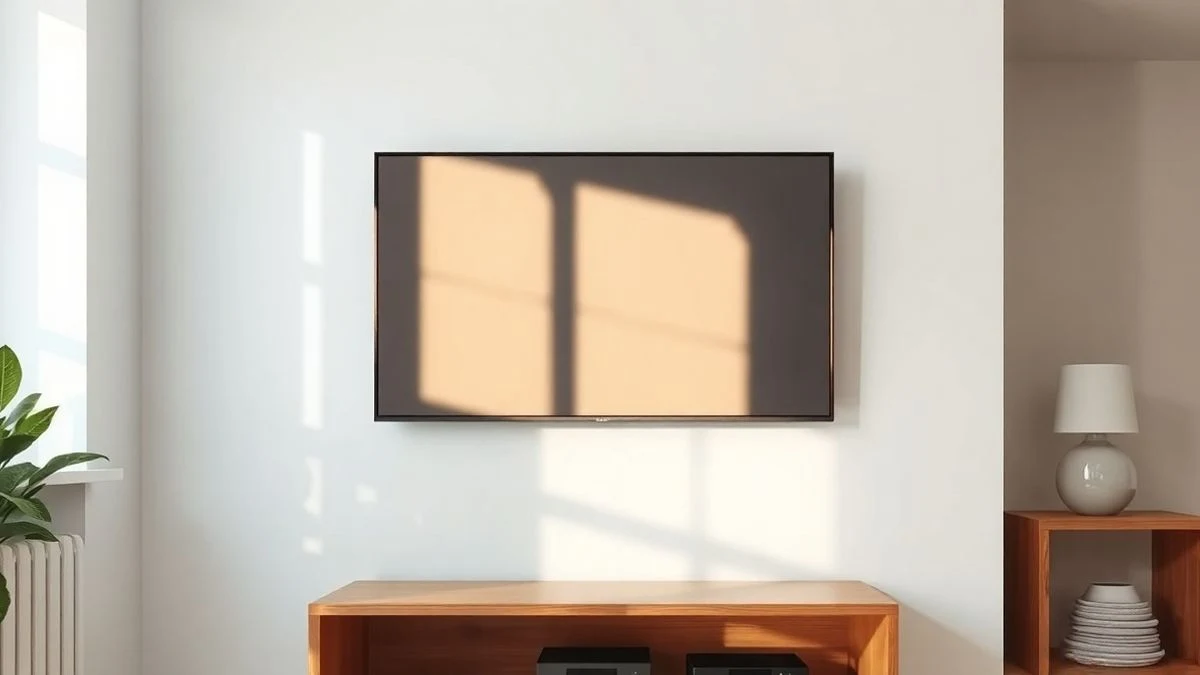 Una gran pantalla de televisión apagada montada en la pared de un salón minimalista con luz natural.