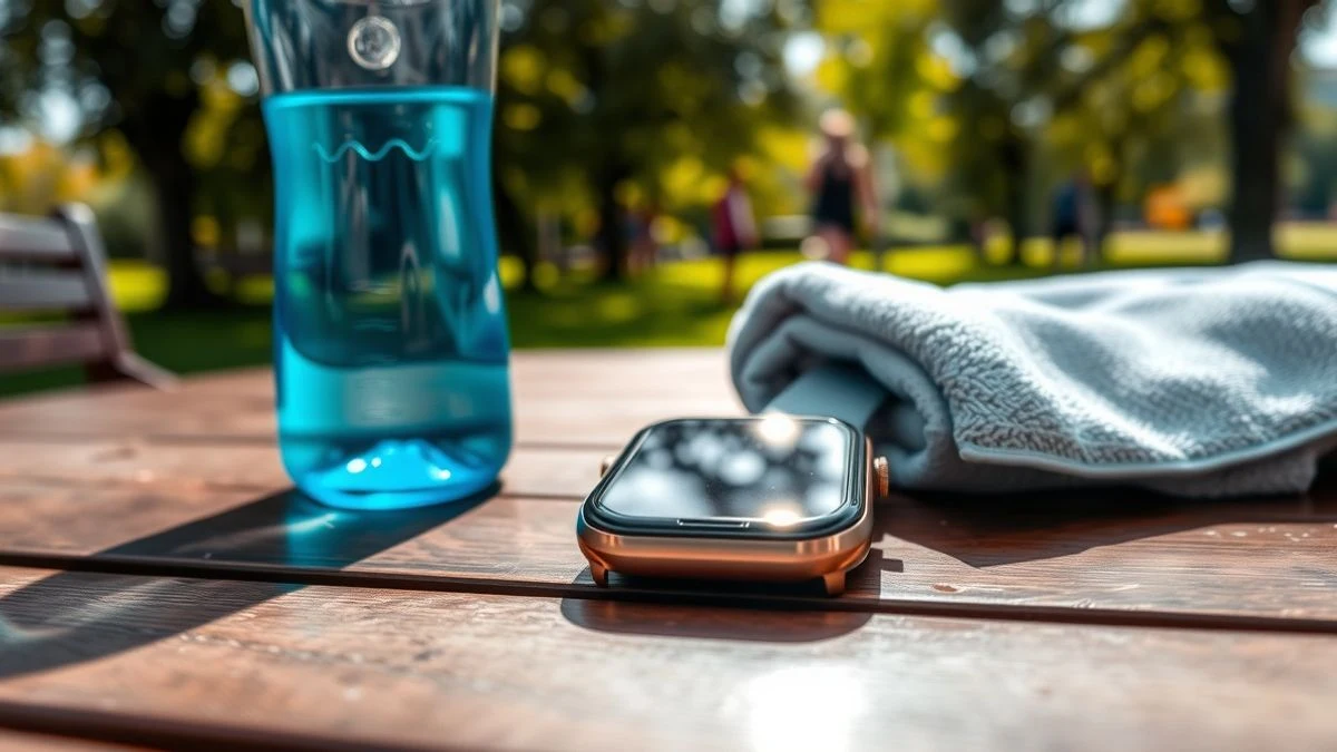 Primer plano de un reloj inteligente apagado sobre una mesa de madera al aire libre, junto a una botella de agua y una toalla doblada, con luz natural de un parque.