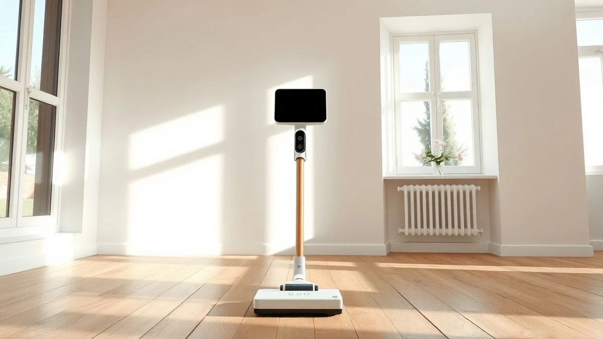 Un aspirador sin cable moderno de color blanco en un salón europeo luminoso con suelo de madera y una gran ventana.