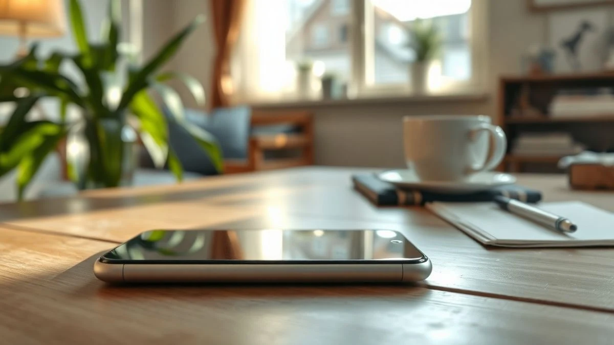 Primer plano de un smartphone plegable apagado sobre una mesa de madera en un salón luminoso.
